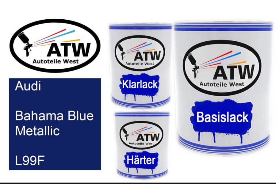 Audi, Bahama Blue Metallic, L99F: 1L Lackdose + 1L Klarlack + 500ml Härter - Set, von ATW Autoteile West.